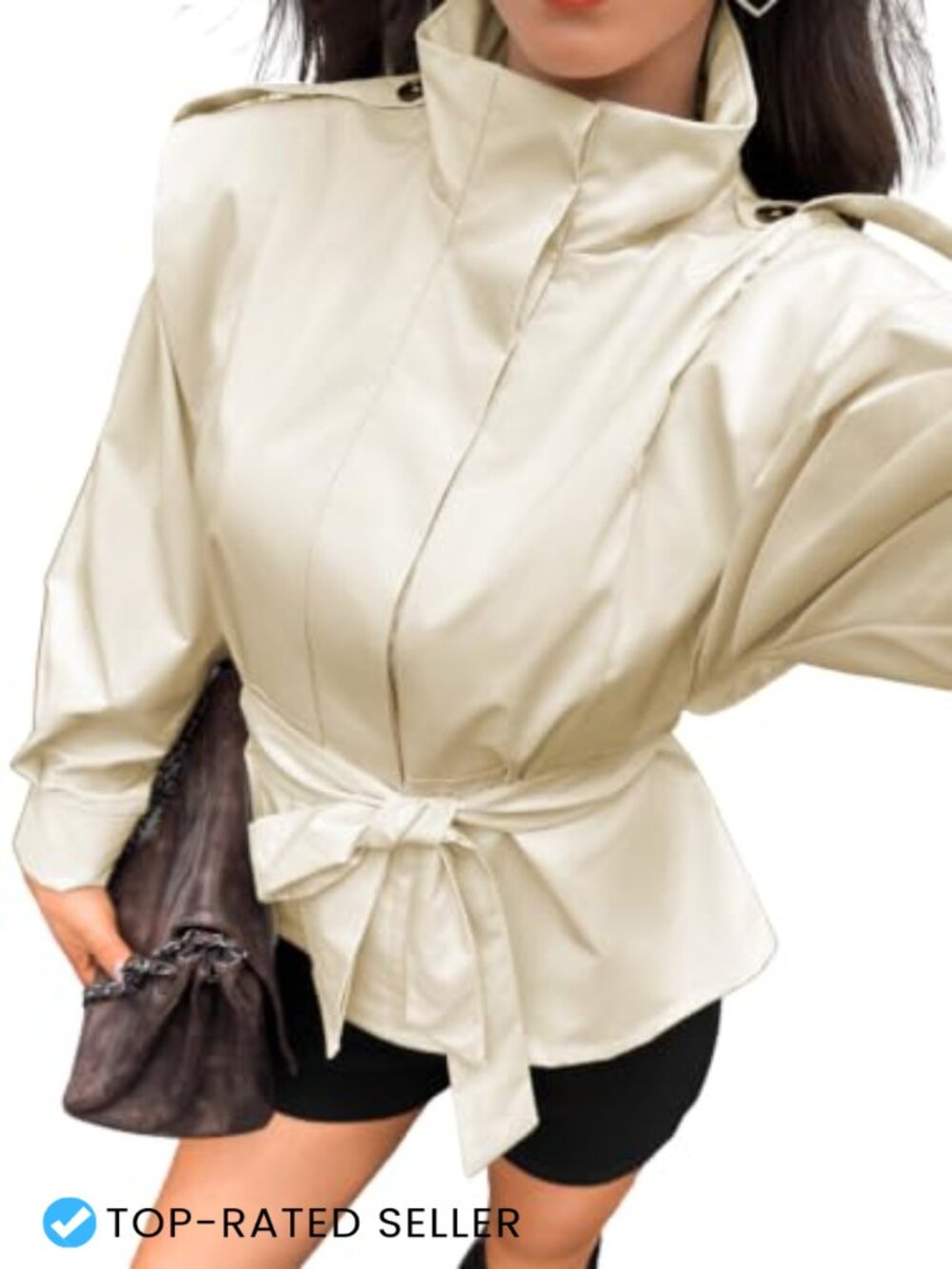 Cropped Trench Coat Button Down Funnel Neck Lightweight Jacket